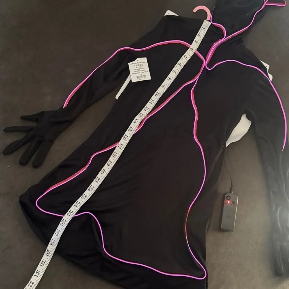 Girls Light Up Stick Figure Black Hooded Dress Pink Light Up Halloween M 7/8 NEW